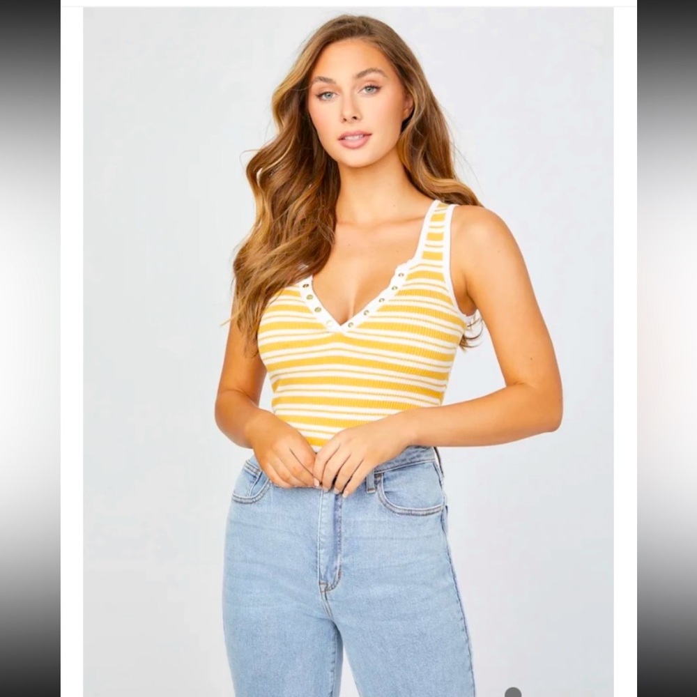 Guess-Striped Yellow and White Women's-Summer Bodysuit
